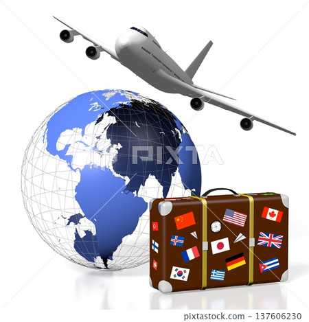 Geometrical Earth, flying plane and suitcase with stickers - travel concept - 3D illustration 137606230