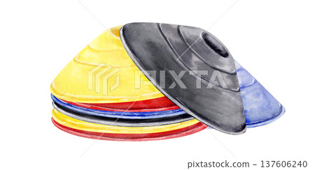 Watercolor sports training cones stack equipment illustration Watercolor sports training cones stack equipment illustration 137606240