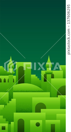 Arabic city panorama in pistachio green color for chocolate packaging Arabic city panorama in pistachio green color for chocolate packaging 137606295