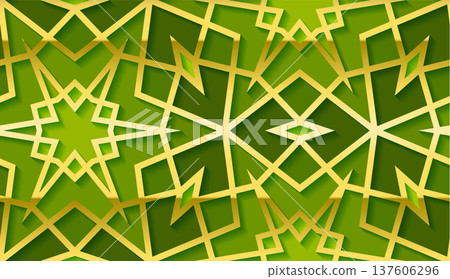 Green and gold islamic geometric star pattern background with 3d layered arabesque shapes 137606296