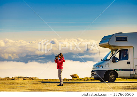 Tourist enjoy mountain view, traveling with caravan Tourist enjoy mountain view, traveling with caravan 137606500