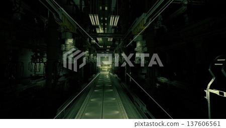 sensor array corridor with reflective panels and monitoring stations, calibration scenario with diagnostic readouts and tethered equipment, cold fluorescent 137606561