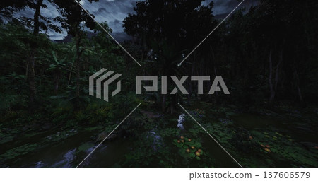 Nighttime swamp with thick vegetation, Darkened wetland saturated with lush plant growth, Nighttime marshlands submerged in rain with abundant dense flora 137606579