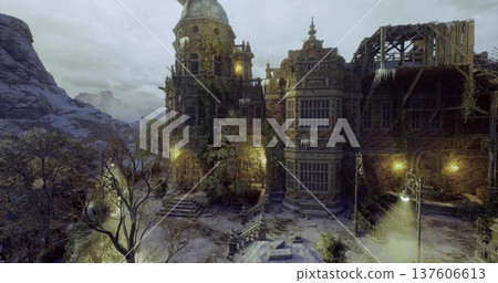 Overgrown courtyard lit by warm lamps, travel blogger capturing melancholic scene, tangled vines climb ornate stonework, scattered leaves and cracked stairs Overgrown courtyard lit by warm lamps, travel blogger capturing melancholic scene, tangled vines climb ornate stonework, scattered leaves and cracked stairs 137606613
