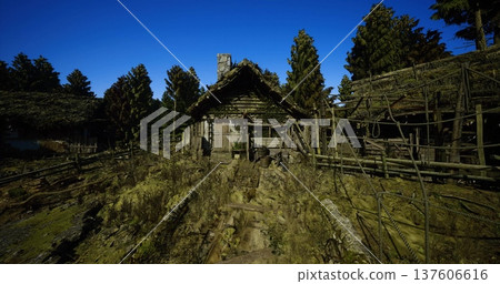 Sunny hollow with narrow grass path winding toward rustic cabins and leaning fence, tall grasses sway under clear blue sky, mood of simplicity and quiet Sunny hollow with narrow grass path winding toward rustic cabins and leaning fence, tall grasses sway under clear blue sky, mood of simplicity and quiet 137606616