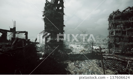 foggy ruined city skyline under overcast sky, empty towers with scattered rubble, distant collapsed structures, cold greenish light and damp atmosphere evoking 137606624