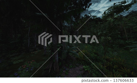 dark forest path under stormy clouds and brooding sky, puddled soil and slick roots creating dramatic texture cinematic tension suggests night expedition dark forest path under stormy clouds and brooding sky, puddled soil and slick roots creating dramatic texture cinematic tension suggests night expedition 137606633