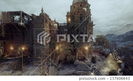 ornate victorian manor glowing with lanterns, stone courtyard framed by ivycovered towers and soft twilight haze, warm light spilling through tall arched ornate victorian manor glowing with lanterns, stone courtyard framed by ivycovered towers and soft twilight haze, warm light spilling through tall arched 137606643