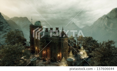 derelict baroque estate under overcast sky, weathered stone facades, overgrown trees and misty mountain backdrop, evocative ruin aesthetic ideal for urban derelict baroque estate under overcast sky, weathered stone facades, overgrown trees and misty mountain backdrop, evocative ruin aesthetic ideal for urban 137606644