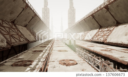 Washed concrete overpass under harsh light, endless vanishing lines, embossed manhole covers, metal catwalk, elevated tracks, sun glare creating blown Washed concrete overpass under harsh light, endless vanishing lines, embossed manhole covers, metal catwalk, elevated tracks, sun glare creating blown 137606673