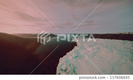 aerial glacier coastline at pink dusk, drone survey capturing ice edge melting into river inlet, pastel sky with soft clouds, calm water reflection, remote aerial glacier coastline at pink dusk, drone survey capturing ice edge melting into river inlet, pastel sky with soft clouds, calm water reflection, remote 137606685