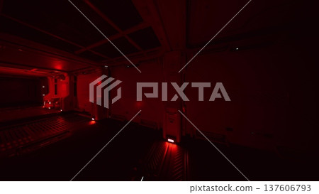 dark cargo hold bathed red glow, industrial container interior with metal beams and grated floor, emergency lights casting deep shadows, cinematic moody dark cargo hold bathed red glow, industrial container interior with metal beams and grated floor, emergency lights casting deep shadows, cinematic moody 137606793