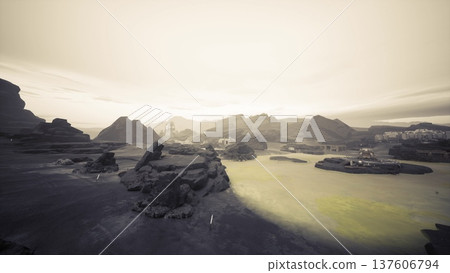 sepia rocky coast with green lagoon, geologist survey mood captured in cinematic aerial sweep over jagged rock formations and shallow tidal pools, distant sepia rocky coast with green lagoon, geologist survey mood captured in cinematic aerial sweep over jagged rock formations and shallow tidal pools, distant 137606794