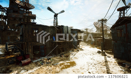 sunlit muddy alley in shantytown, windmill turning above makeshift shelters and telephone poles scavenger tracks, scattered scrap and puddles reflecting clear sunlit muddy alley in shantytown, windmill turning above makeshift shelters and telephone poles scavenger tracks, scattered scrap and puddles reflecting clear 137606821