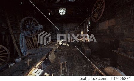 dusty carriage workshop interior with wooden wheels, lathe, scattered planks and shafts of light cutting through grime creaky floorboards, cobwebbed tools dusty carriage workshop interior with wooden wheels, lathe, scattered planks and shafts of light cutting through grime creaky floorboards, cobwebbed tools 137606825
