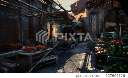 sunlit market alley with crates and produce, sunsetlit narrow bazaar walkway lined with wooden stalls and vibrant fruits and vegetables, cobblestone path 137606826