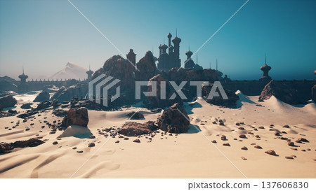 twilight sand dunes with looming fortress, brooding coastal ruins and windblown rocks, low light silhouette under moody sky, distant stormfront on horizon, 137606830