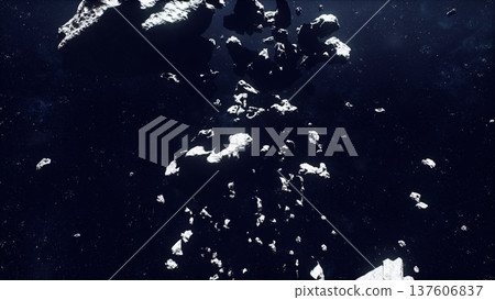 icy fragments orbiting distant blue planet with reflected starlight and passive freighter harvesting resources, crisp cold tones, sharp silhouettes 137606837