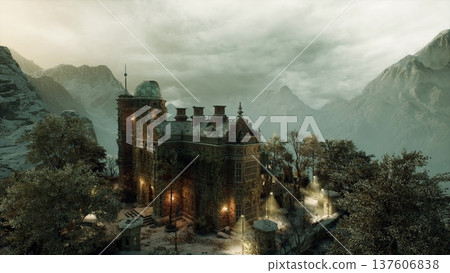 Snowbound mountain fortress at twilight, warm interior lights piercing cold air, smoke curling from chimneys, pine forest hugging stone battlements, lonely keep 137606838