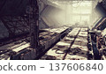 Wide derelict hangar corridor bathed in cold backlight, concrete platforms lined with rusted metal crates, overhead gantries and catwalks casting deep shadows, 137606840