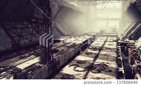 Wide derelict hangar corridor bathed in cold backlight, concrete platforms lined with rusted metal crates, overhead gantries and catwalks casting deep shadows, 137606840
