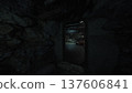 dim cave opening reveals control room with flickering monitors and tangled wiring, damp rock framing doorway, weathered panels and humming generator, shadowed 137606841