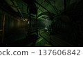 Covert infiltration corridor with security shadows and vent lines, low green illumination and tense atmosphere, ideal for espionage visuals or tactical stealth 137606842