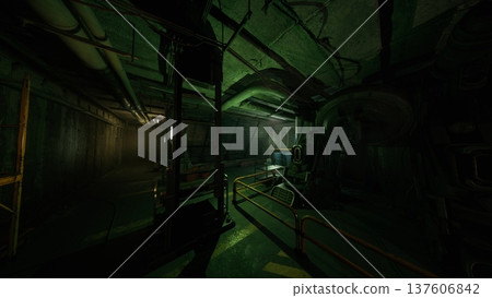 Covert infiltration corridor with security shadows and vent lines, low green illumination and tense atmosphere, ideal for espionage visuals or tactical stealth 137606842