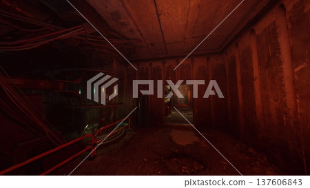 narrow rusted service corridor under red glow, scattered rubble and shallow puddles, low ceiling with hanging cables and ventilation ducts, worn railings narrow rusted service corridor under red glow, scattered rubble and shallow puddles, low ceiling with hanging cables and ventilation ducts, worn railings 137606843