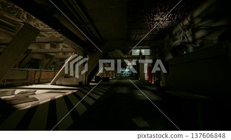 dark industrial underground parking corridor with wet reflective floor and bold safety stripes, low warm overhead lights casting deep shadows across concrete dark industrial underground parking corridor with wet reflective floor and bold safety stripes, low warm overhead lights casting deep shadows across concrete 137606848