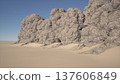 vast sandy desert towering rock formations, windswept dunes meeting textured cliffs under clear blue sky, warm ochre sand and coarse boulder clusters, sharp 137606849