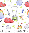 Watercolor tennis equipment pattern with rackets balls bag shoes and water bottle 137606912