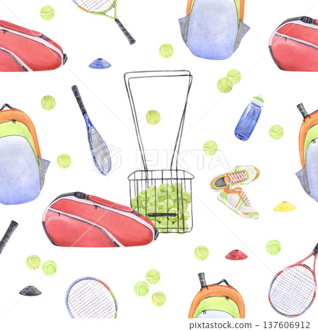 Watercolor tennis equipment pattern with rackets balls bag shoes and water bottle Watercolor tennis equipment pattern with rackets balls bag shoes and water bottle 137606912