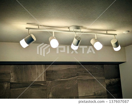 Duct rail spotlights installed on the beams of an apartment building and Ecocarat walls 137607087