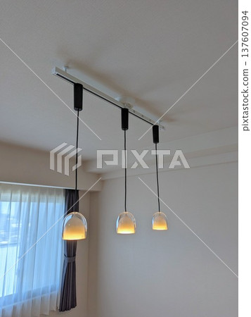 A modern pendant light installed on a duct rail in an apartment building 137607094