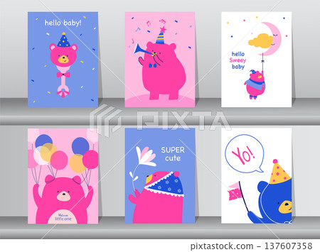 Set of baby shower invitations cards.Cute animal.poster,greeting,template,bear,Vector illustrations. Set of baby shower invitations cards.Cute animal.poster,greeting,template,bear,Vector illustrations. 137607358