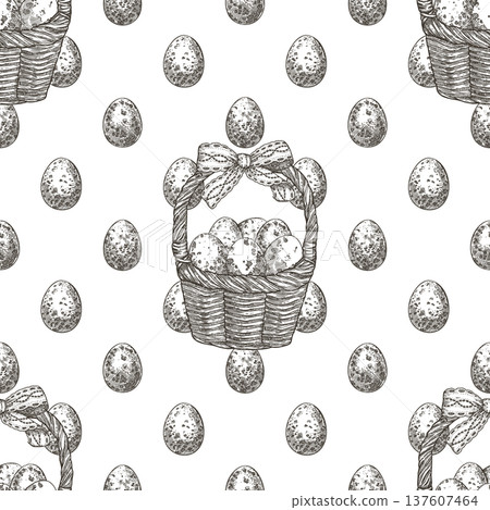 Easter seamless pattern with quail eggs basket black and white background. Hand drawn vector staggered design in vintage sketch style. Outline print ideal for wallpaper or holiday fabric and paper. Easter seamless pattern with quail eggs basket black and white background. Hand drawn vector staggered design in vintage sketch style. Outline print ideal for wallpaper or holiday fabric and paper. 137607464