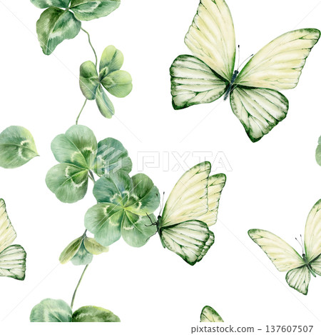 Seamless pattern of three leaf clovers,scattered petal,green butterflies,celebrating St. Patricks Day,Irish heritage.Soft watercolor with fresh greens for festive branding,event decor,cultural designs Seamless pattern of three leaf clovers,scattered petal,green butterflies,celebrating St. Patricks Day,Irish heritage.Soft watercolor with fresh greens for festive branding,event decor,cultural designs 137607507