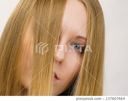 Portrait girl long blonde hair 137607664