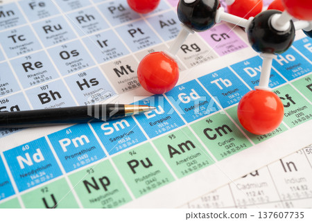 Molecules chemical on a periodic table background. 137607735