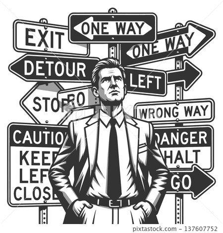 Businessman Confused at Multiple Direction Signs Businessman Confused at Multiple Direction Signs 137607752