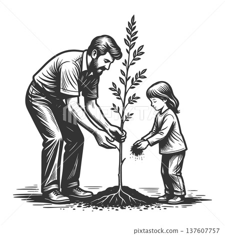 Father and Child Planting Tree Together raster Father and Child Planting Tree Together raster 137607757