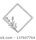double border with lavender branch and flowers in corner. Botanical vector line illustration with leaves and buds isolated on white background for wedding invitations, packaging, labels, branding 137607764