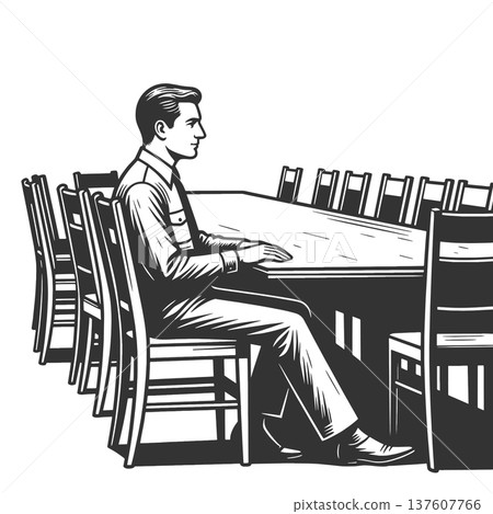 Lonely Man Sitting Alone at Long Table raster 137607766