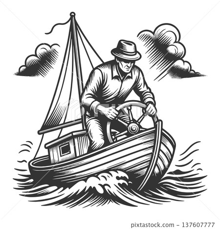 Man Steering Small Boat Through Rough Waves Man Steering Small Boat Through Rough Waves 137607777