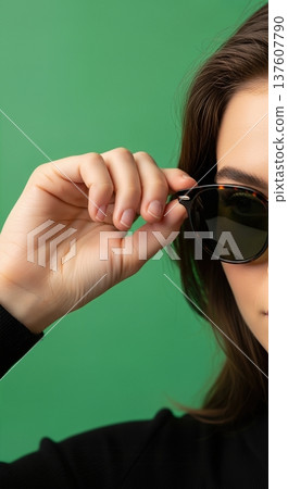 Close up of an anonymous hand adjusting stylish round sunglasses on a head 137607790