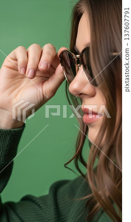 Close up of an anonymous hand adjusting stylish round sunglasses on a head 137607791
