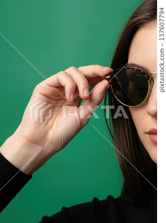 Close up of an anonymous hand adjusting stylish round sunglasses on a head 137607794
