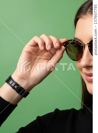 Close up of an anonymous hand adjusting stylish round sunglasses on a head 137607795