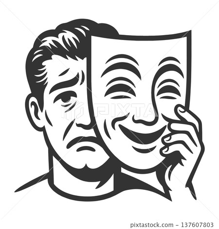 Man Holding Smiling Mask Hiding Sadness raster Man Holding Smiling Mask Hiding Sadness raster 137607803